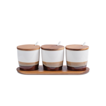 Jacob Bronze Set of 3 Sugar Pot with Wooden Lid & Tray