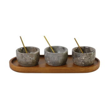 Mina Grey Marble Set of 3 Condiment Bowls With Tray